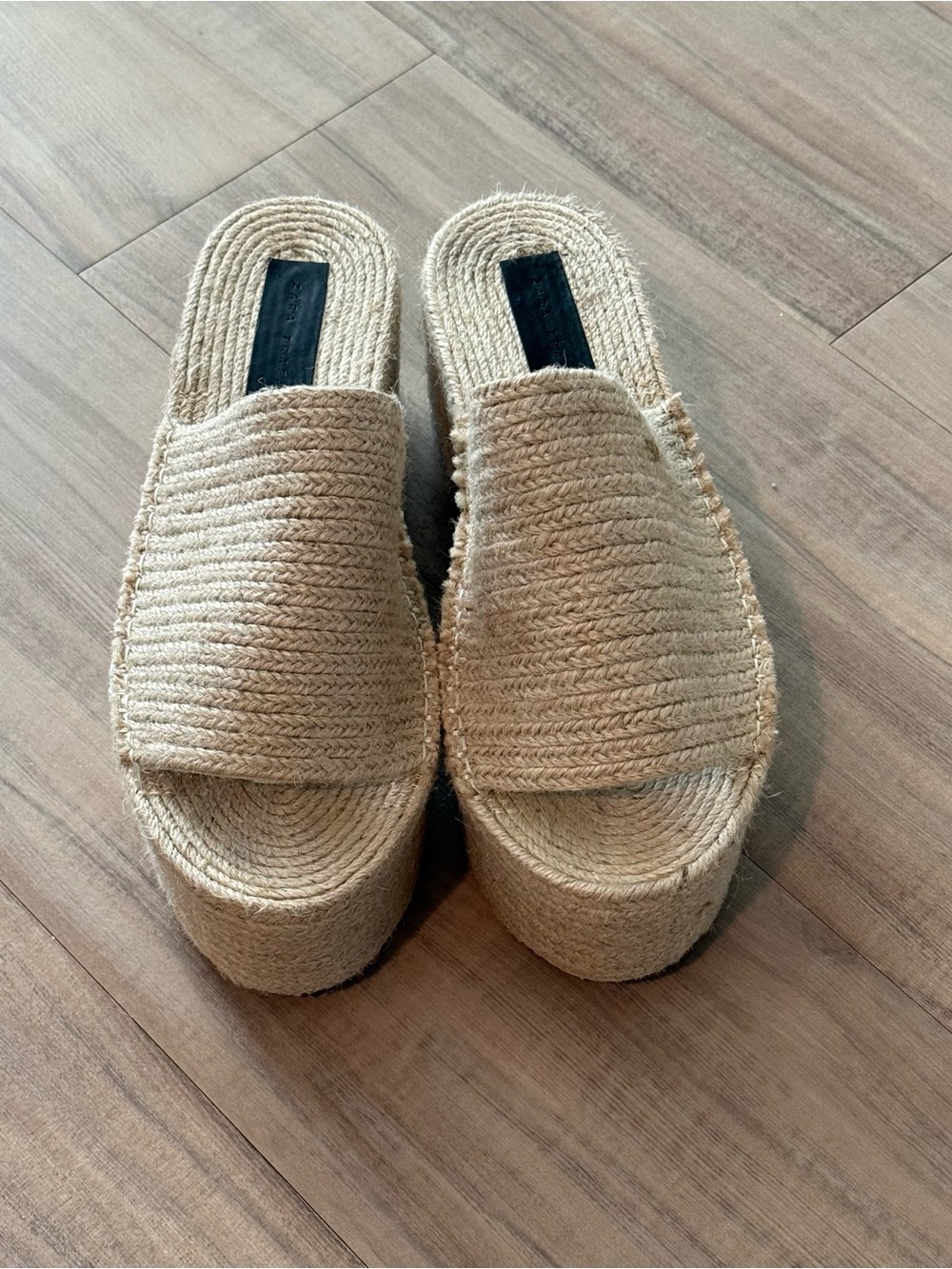 Zara Beige Woven Platform Slide Sandals